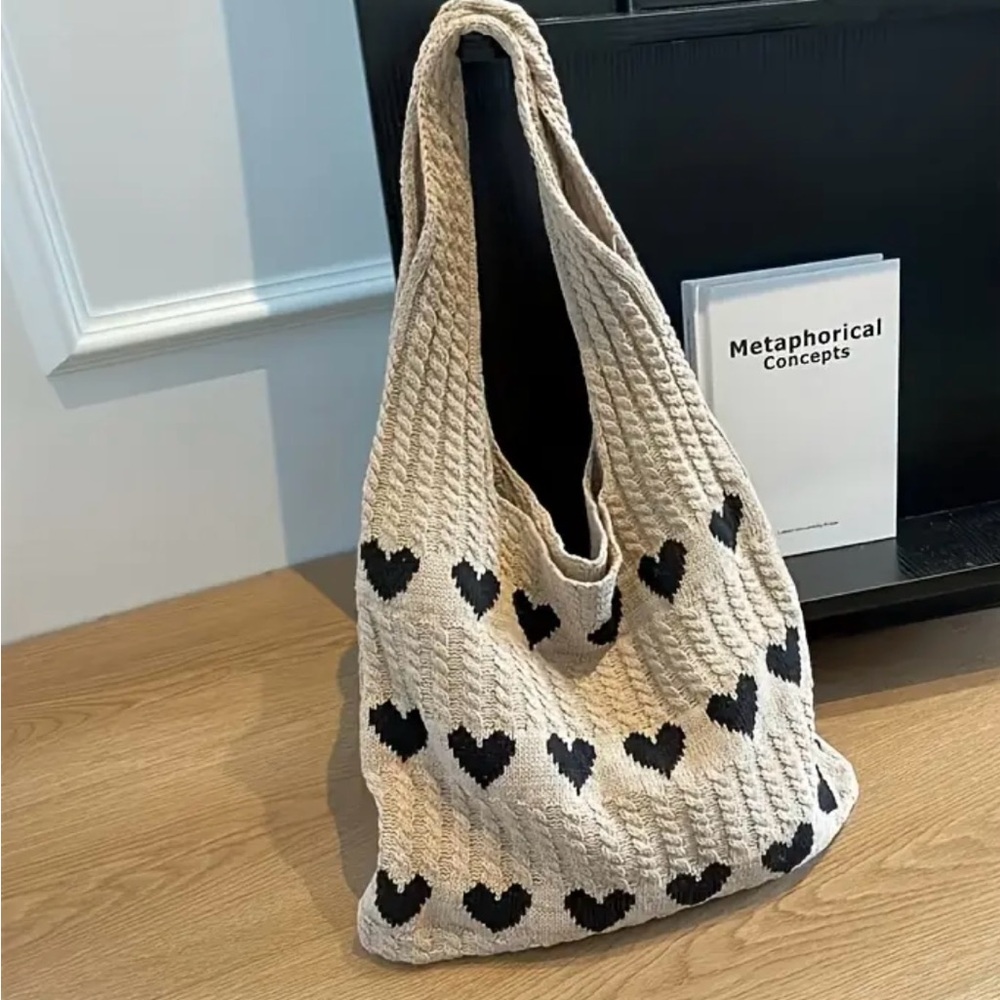 Soft knitted Heart Patterned Cream and Black Tote Bag